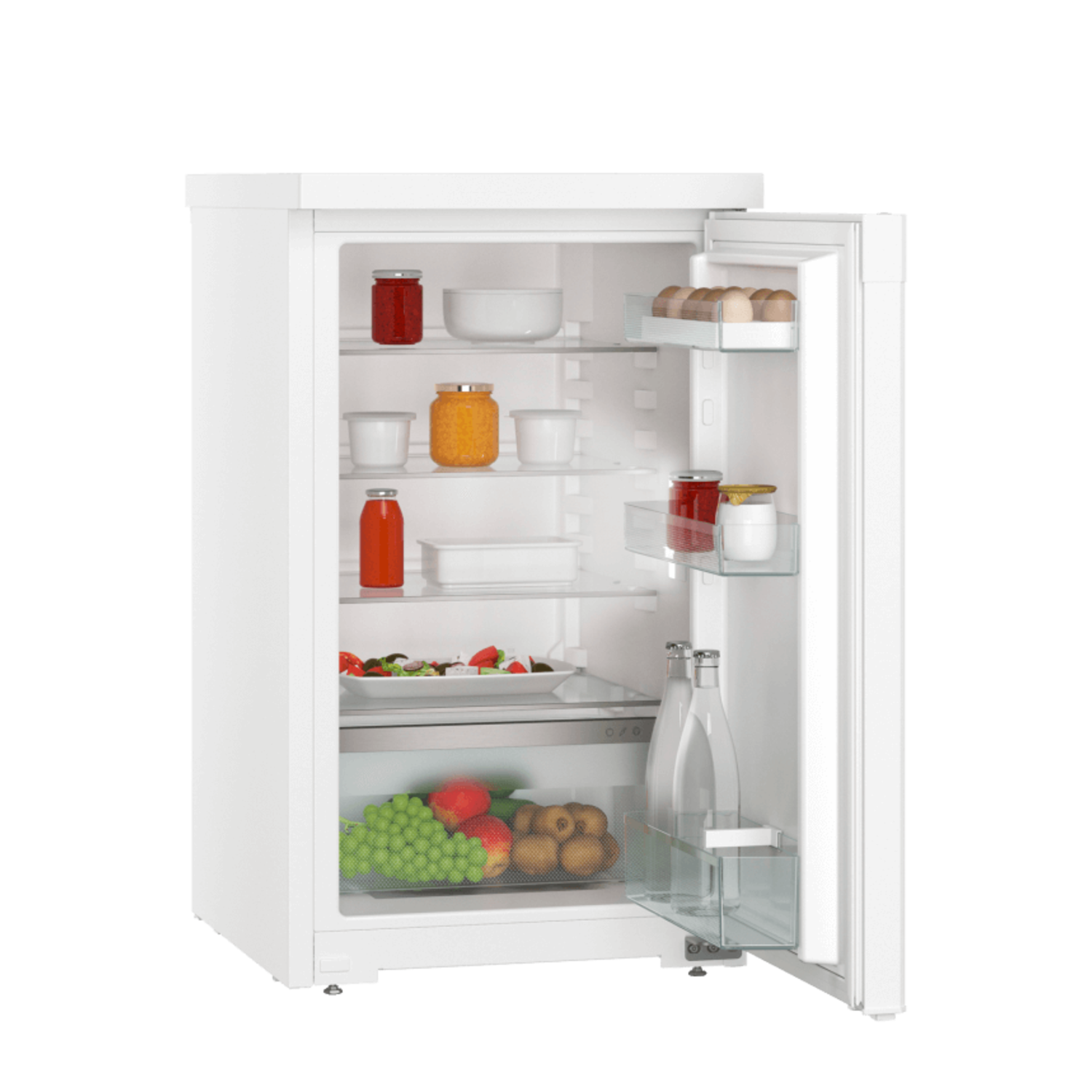 White refrigerator with the door open. Inside are shelves with food items and bottles.