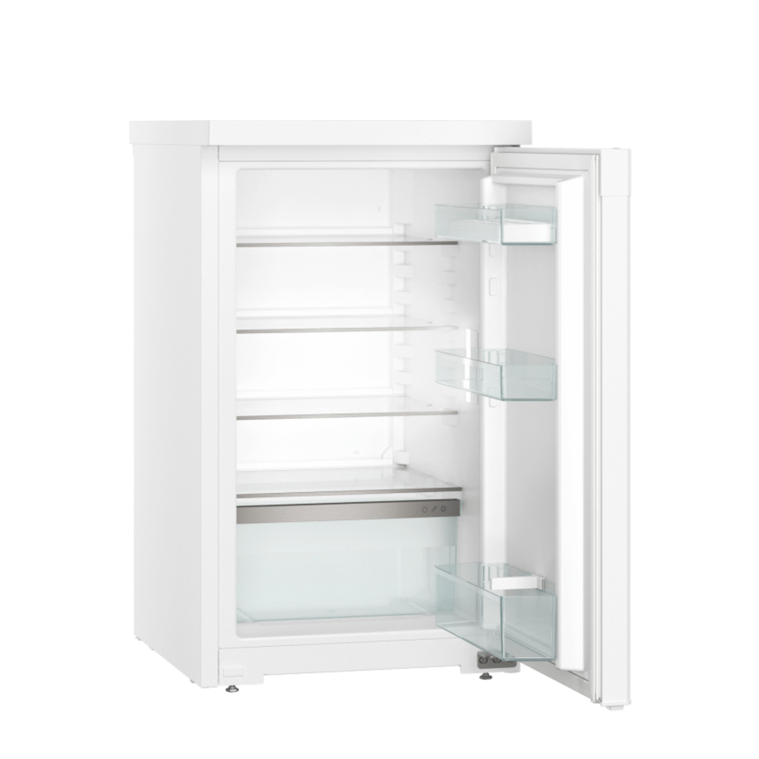 Open white refrigerator with glass shelves, showing interior.