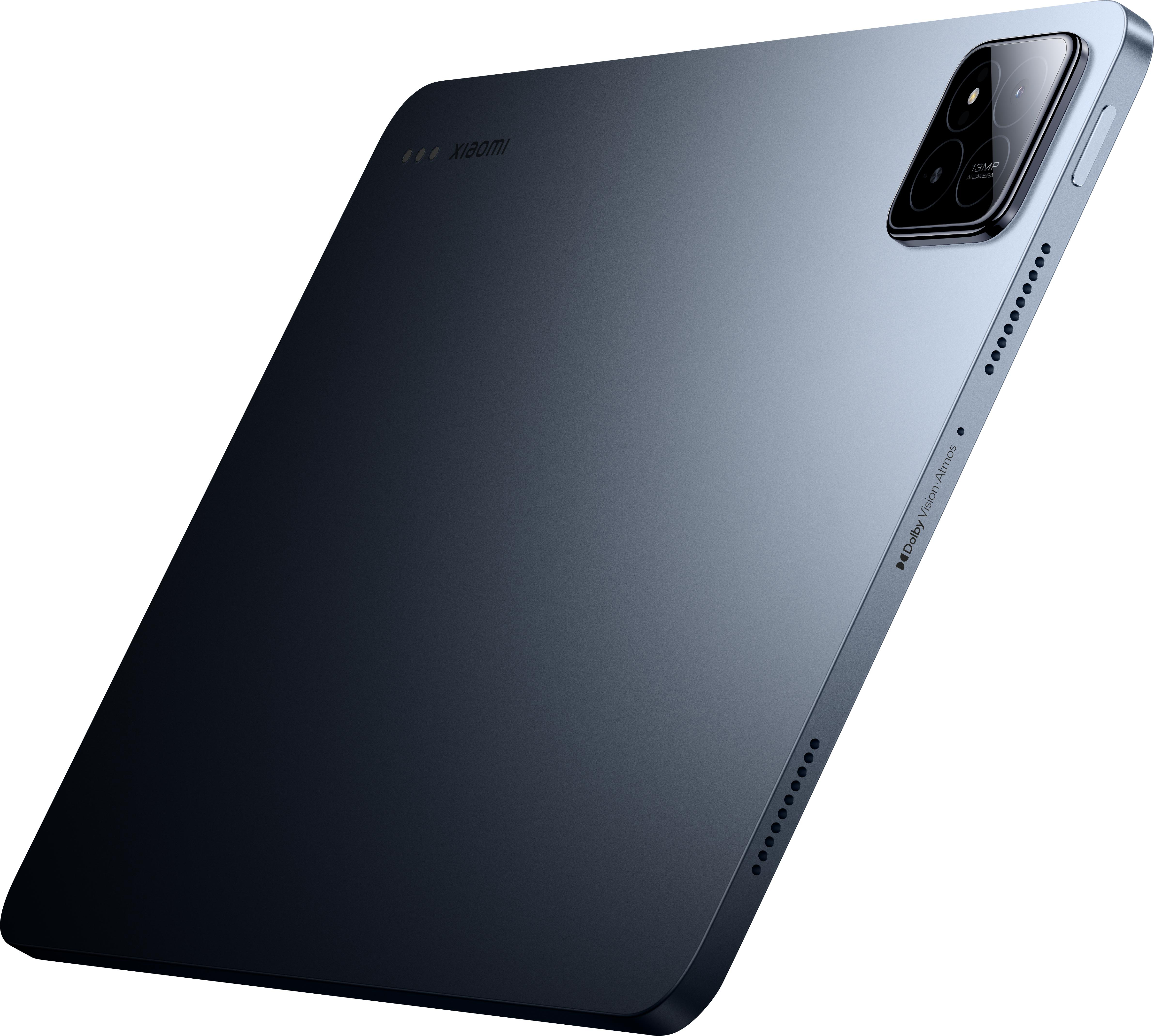 Rückansicht eines Xiaomi-Tablets in Dunkelblau, mit Kamerabuckel und Metallrahmen.