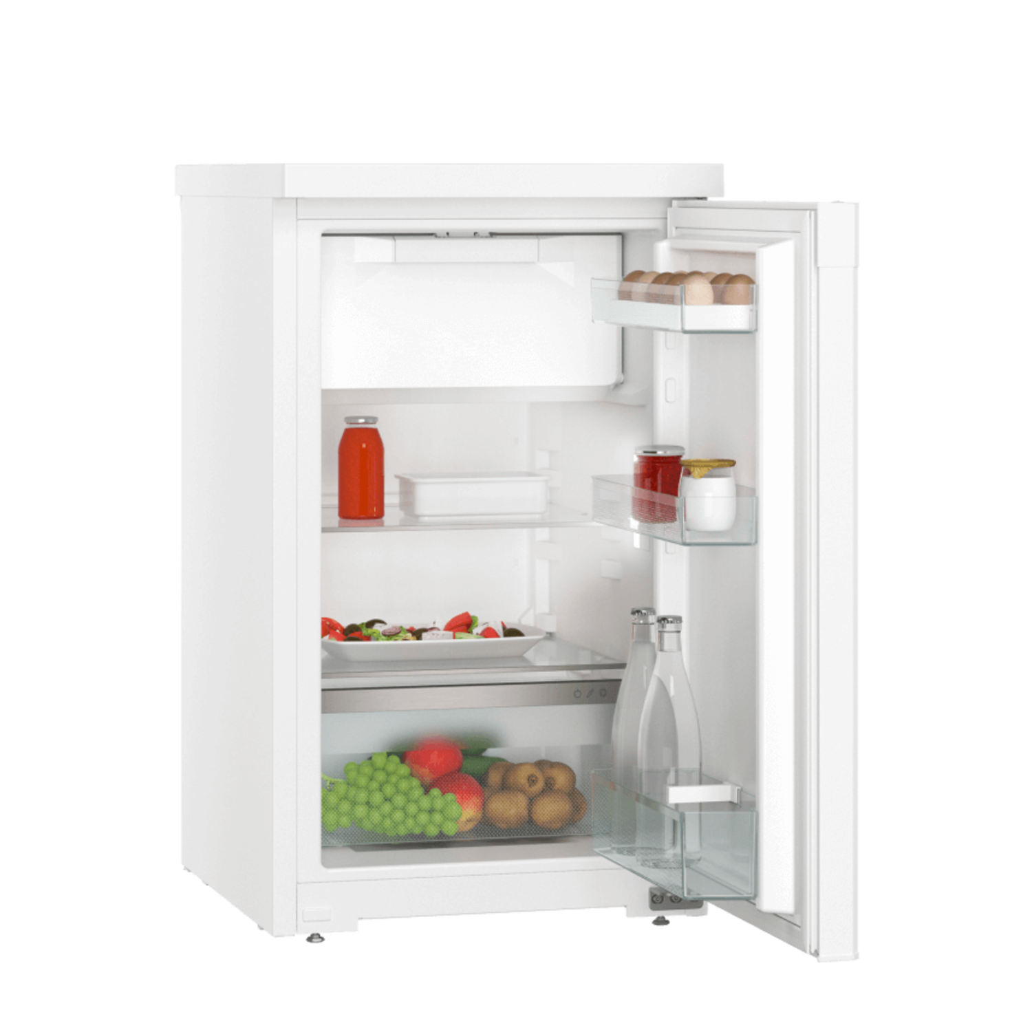 A white refrigerator with the door open, showing shelves with food and drinks.