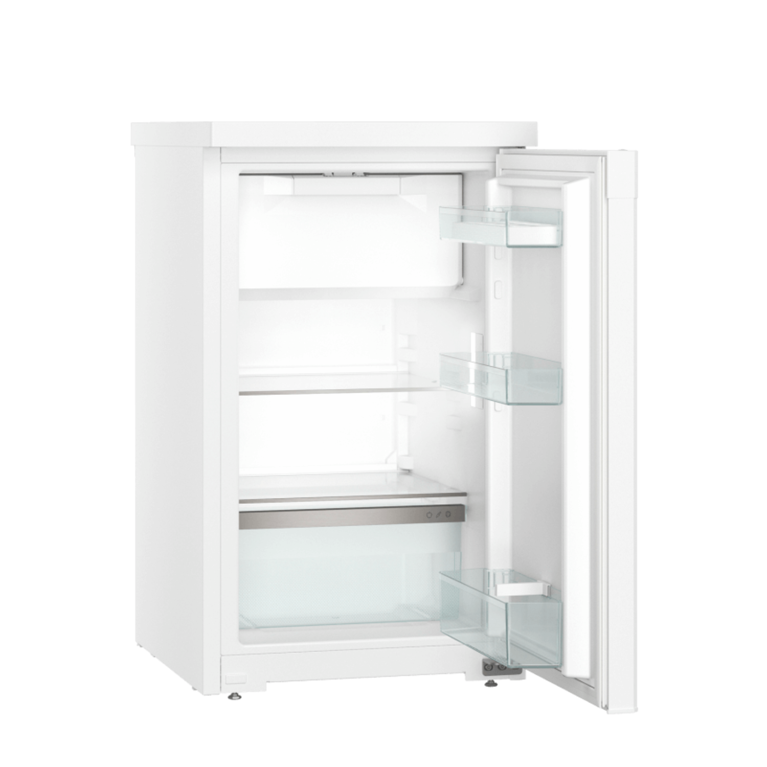 White refrigerator with open door. The interior has shelves and clear drawers. Black background.