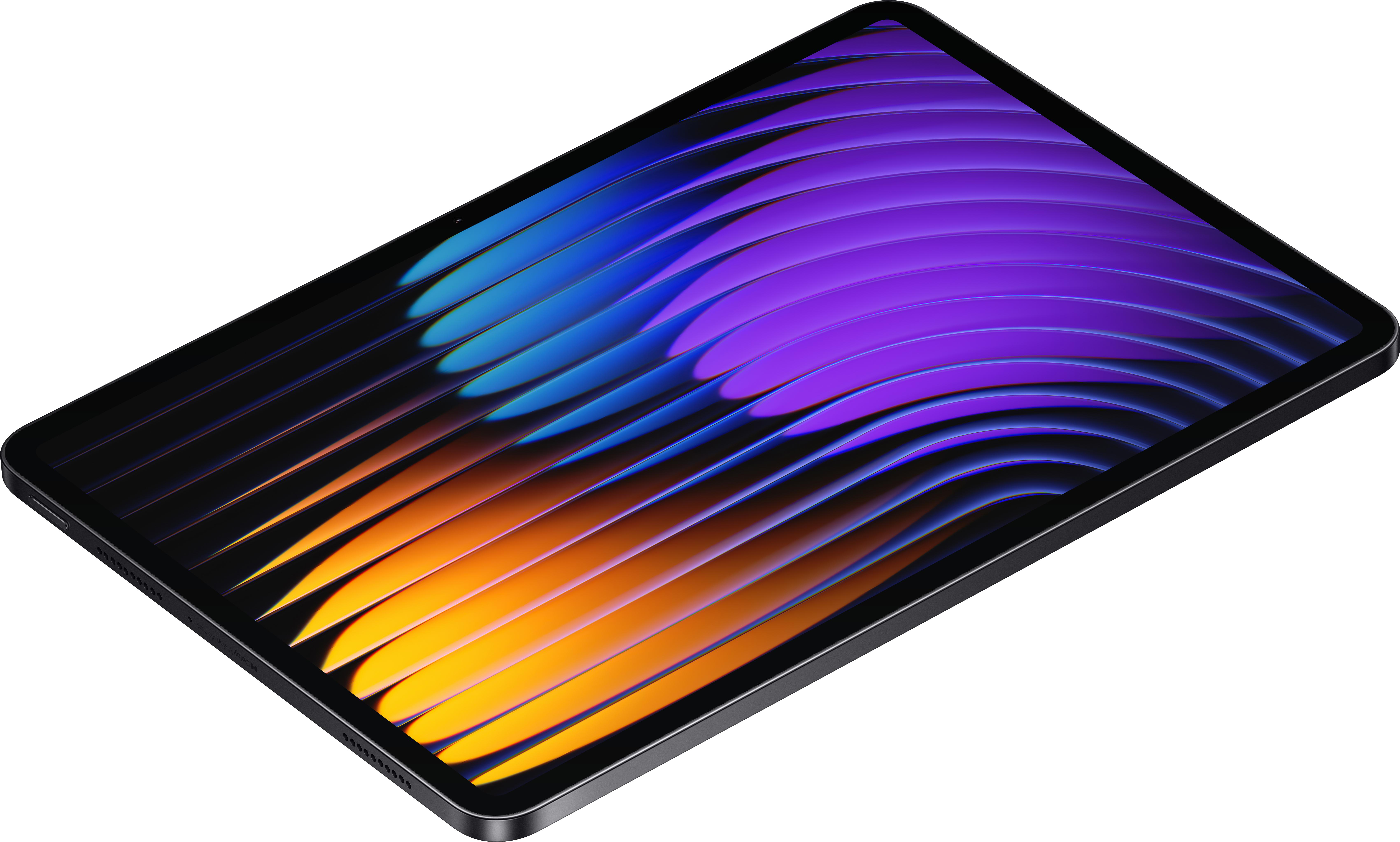 Ein Tablet mit einem Bildschirm, der ein abstraktes Design aus lila und orangefarbenen Wellen zeigt.