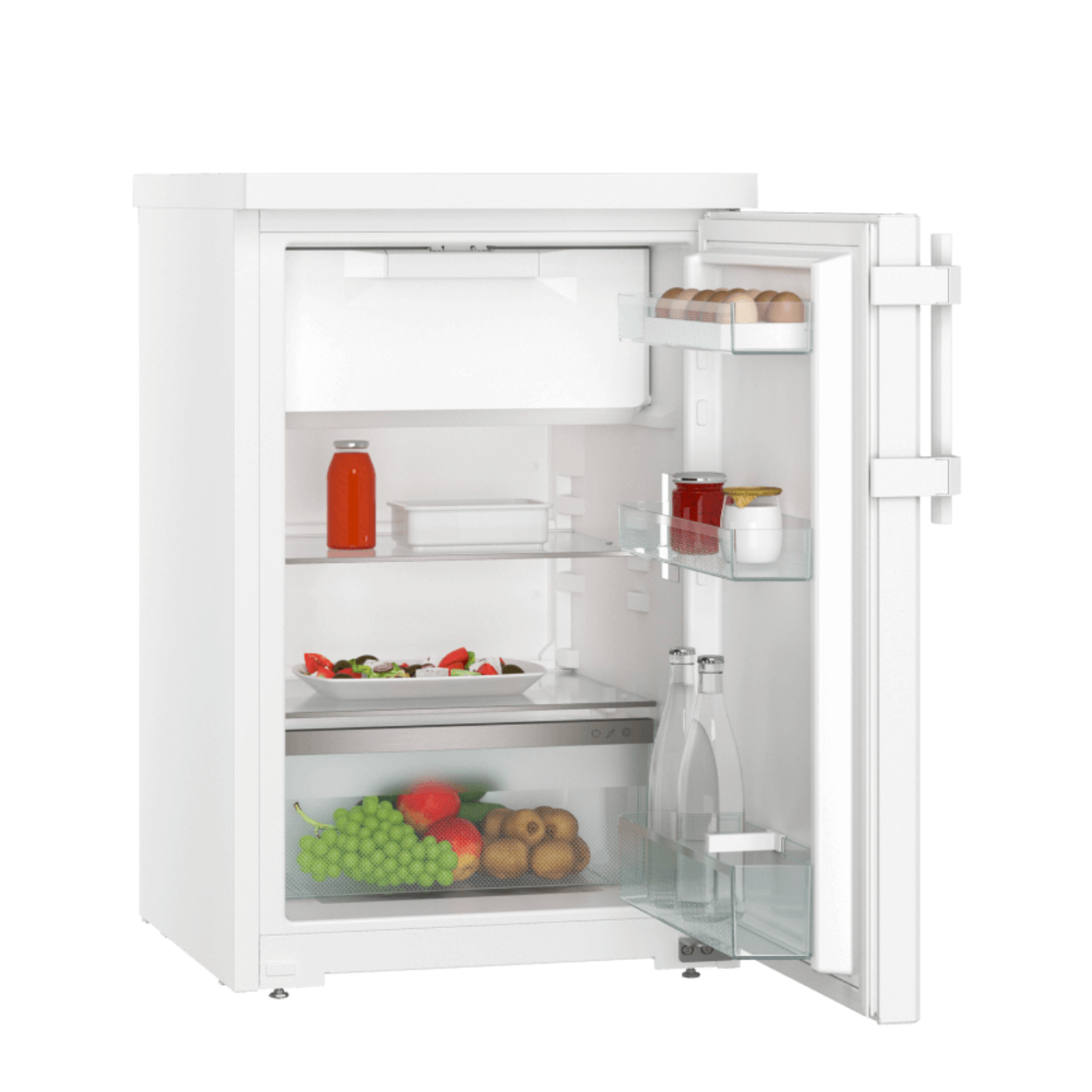 A white refrigerator with the door open, showing shelves with food items.