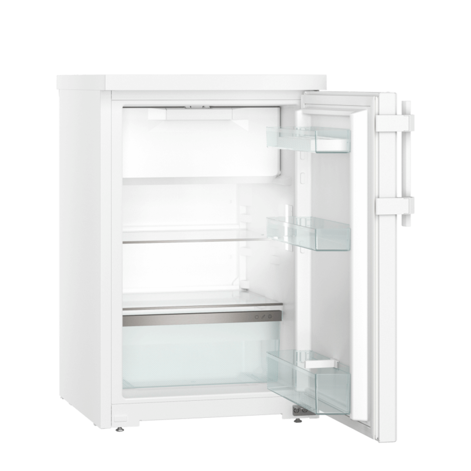 White mini-fridge with the door open. The inside has glass shelves and is empty.