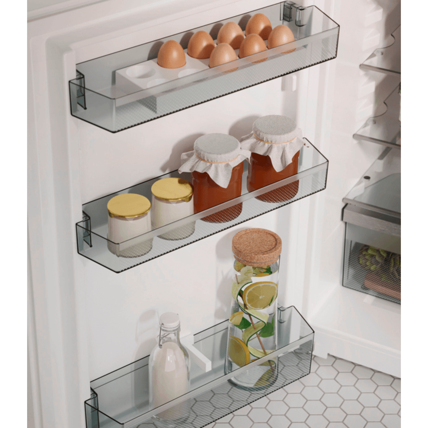 Refrigerator shelves with eggs, jam jars, a bottle, and lemons. White background.