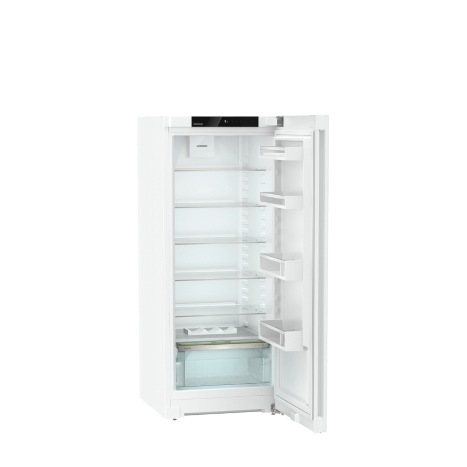 A white refrigerator with the door open, showing shelves and drawers.