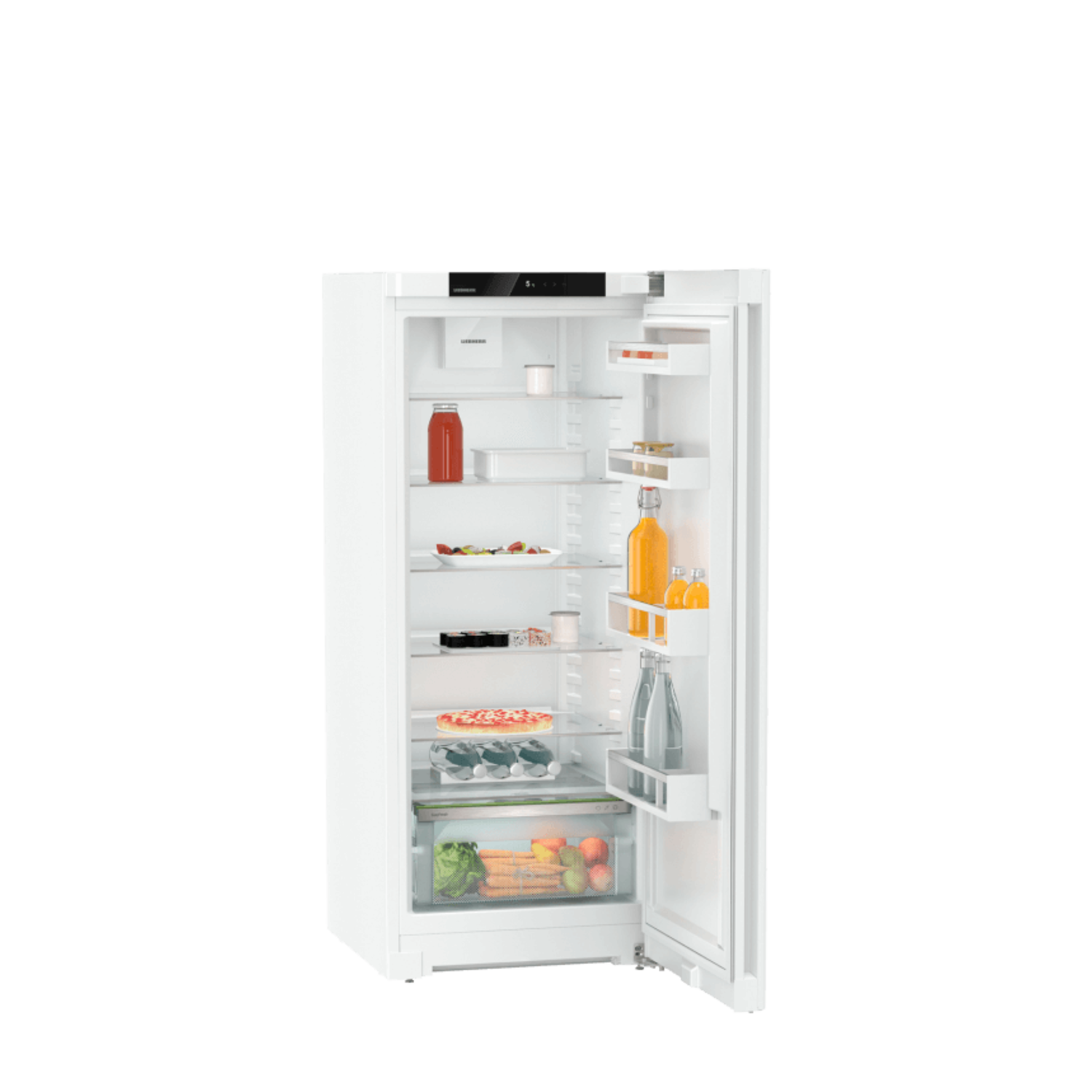 White refrigerator with open door. Various food items are visible on the shelves and drawers.