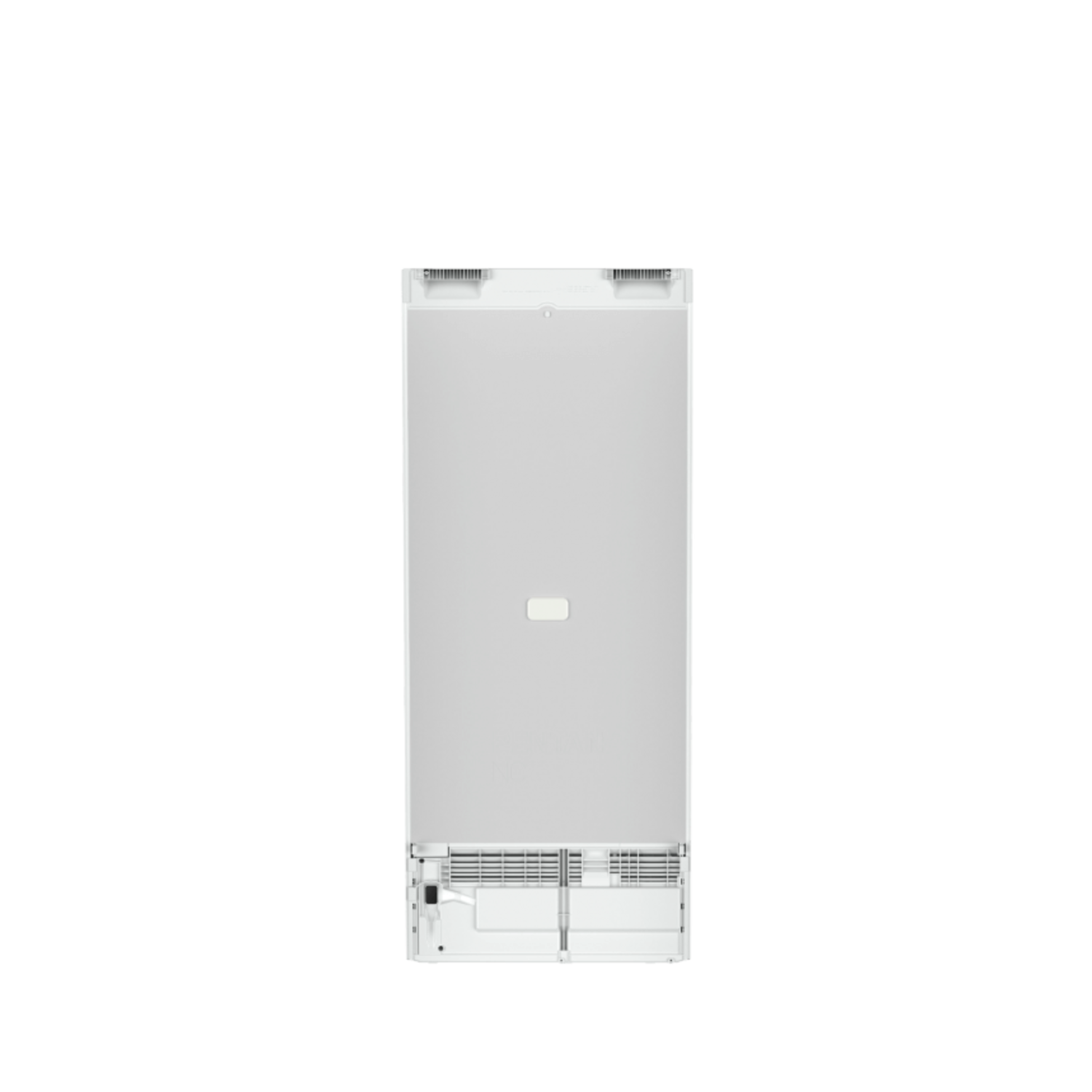 White refrigerator, back view, with a simple design and ventilation at the bottom.
