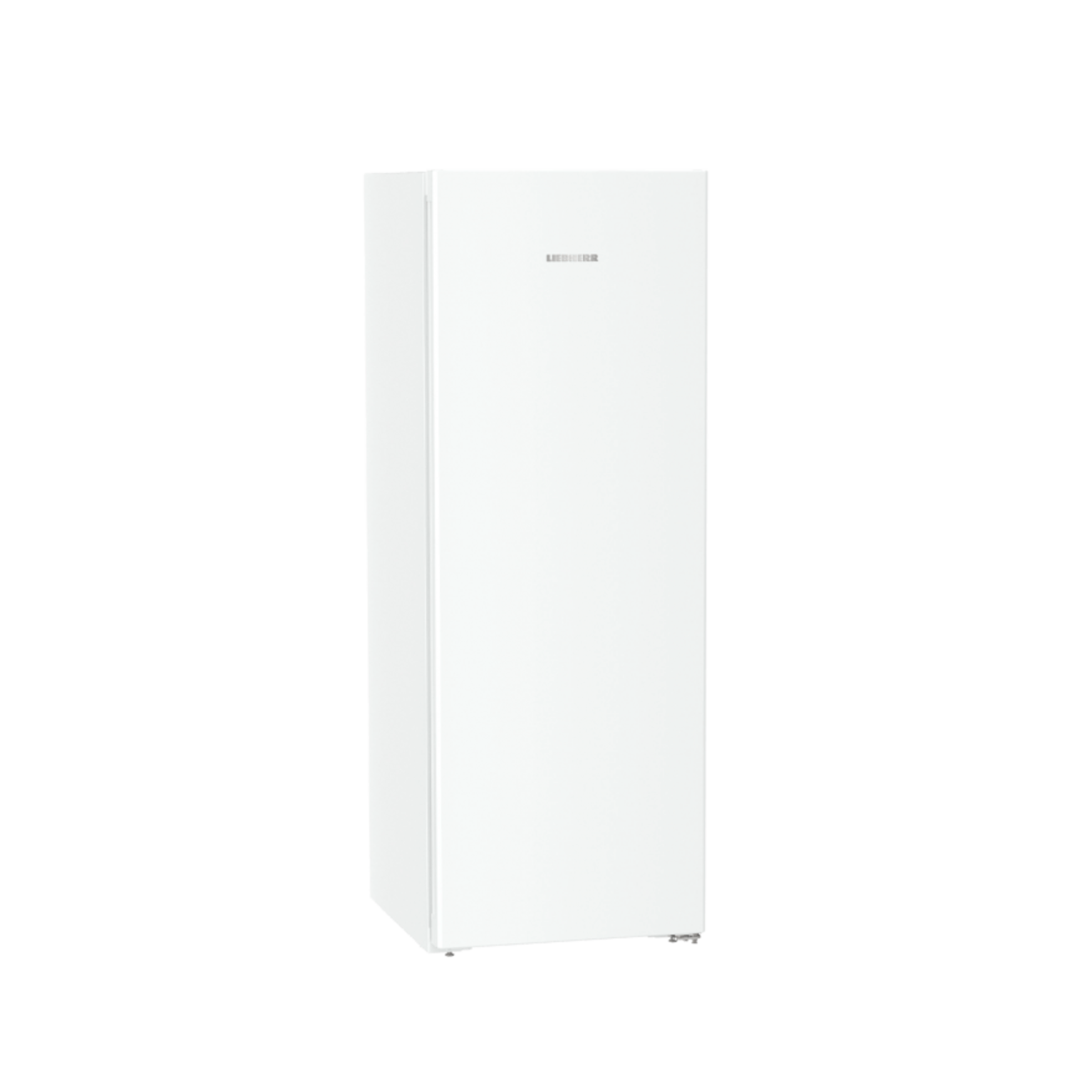 White Liebherr refrigerator, tall, on a black background, with Liebherr logo at top.