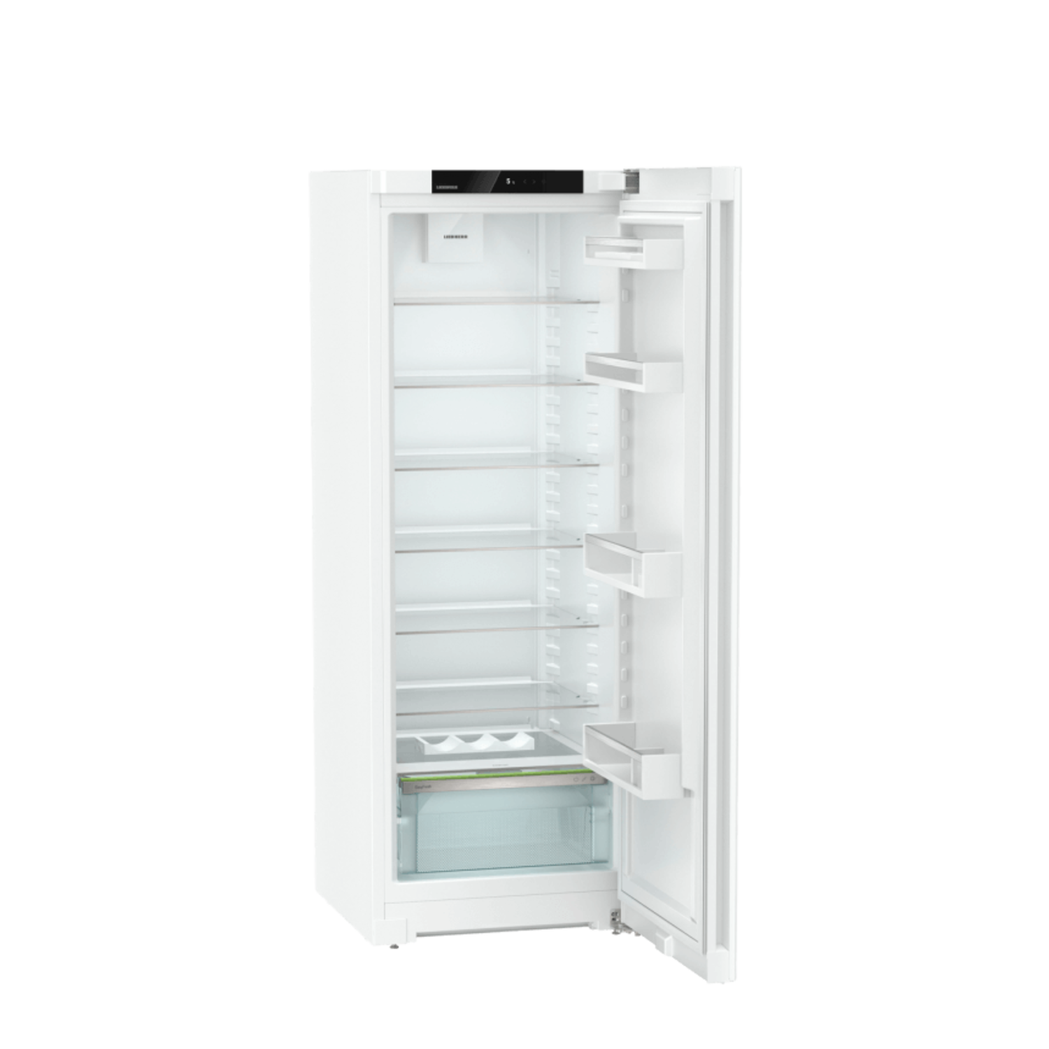 White refrigerator with the door open, showing shelves and drawers.