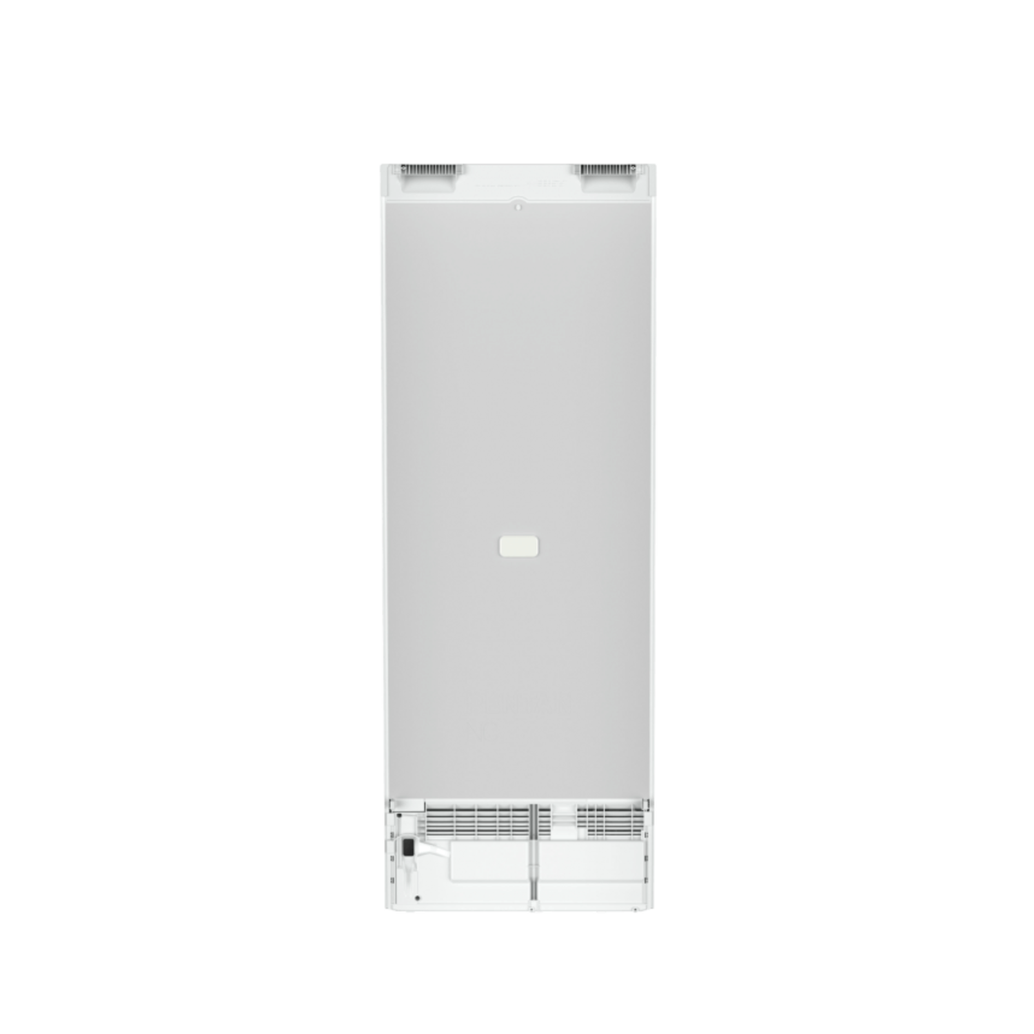 A full view of a white refrigerator, black background. It has a handle and vents.