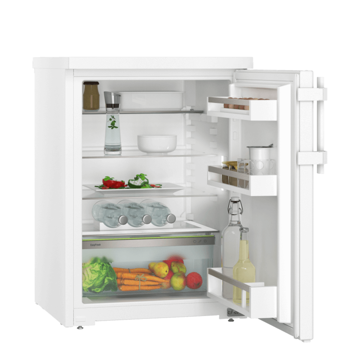 White refrigerator with open door, showing shelves and contents.