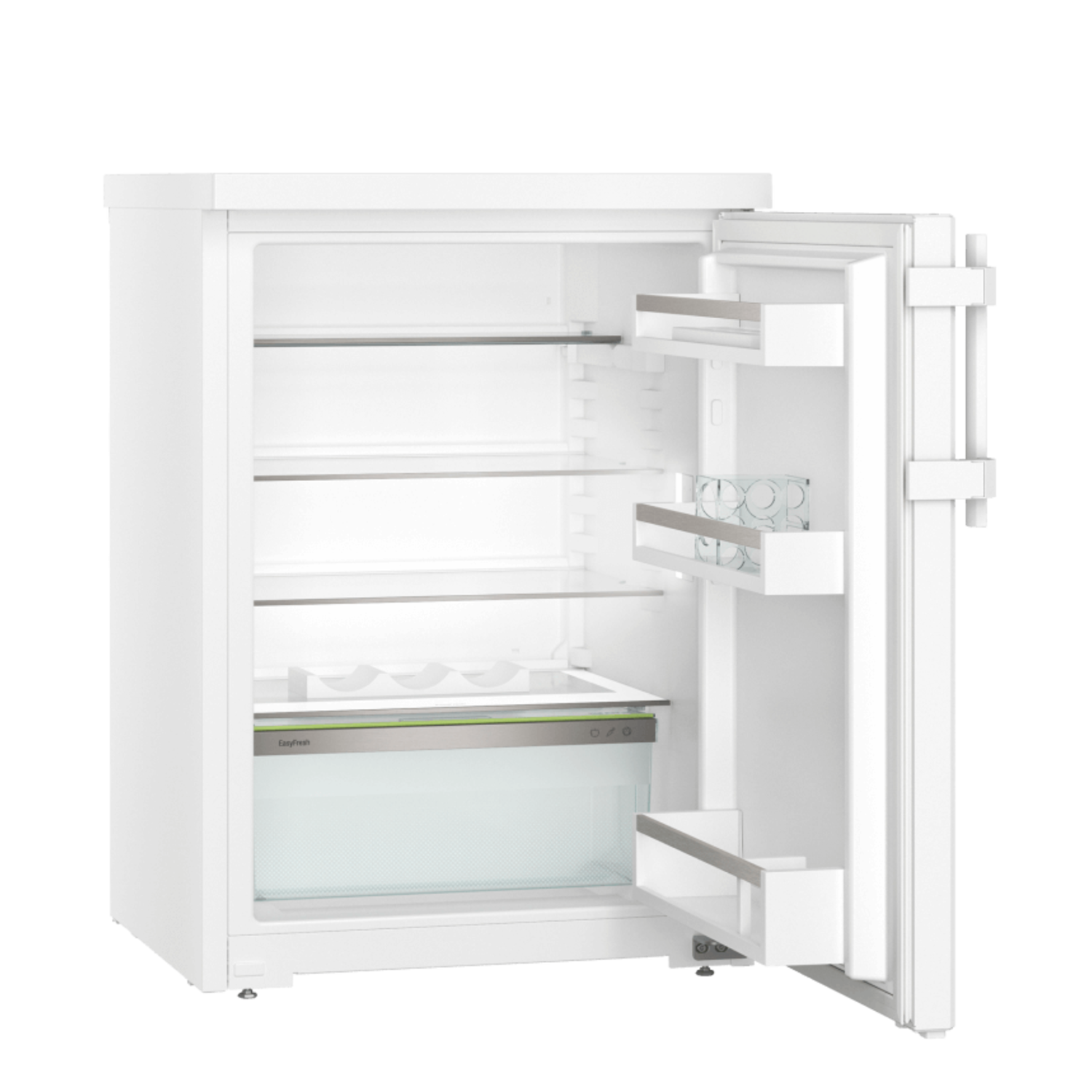 A white refrigerator with an open door, showing shelves and storage compartments.
