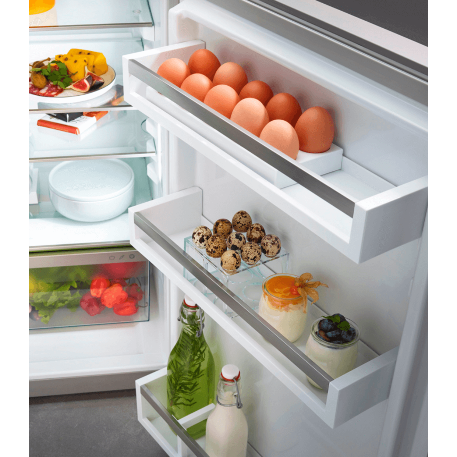An open refrigerator with shelves holding eggs, food, and jars of food items.