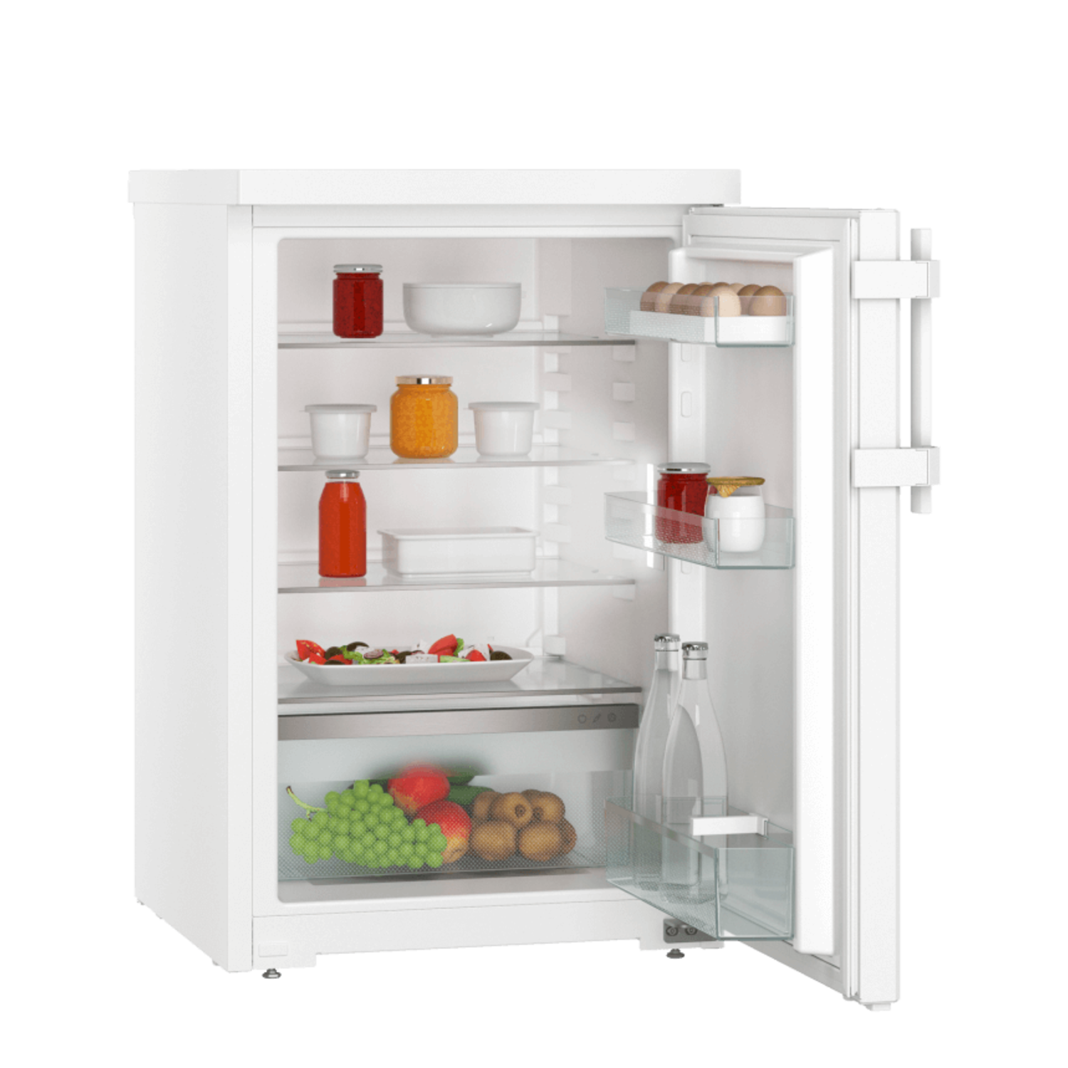 White refrigerator open, filled with food. Glass shelves with jars and bottles.