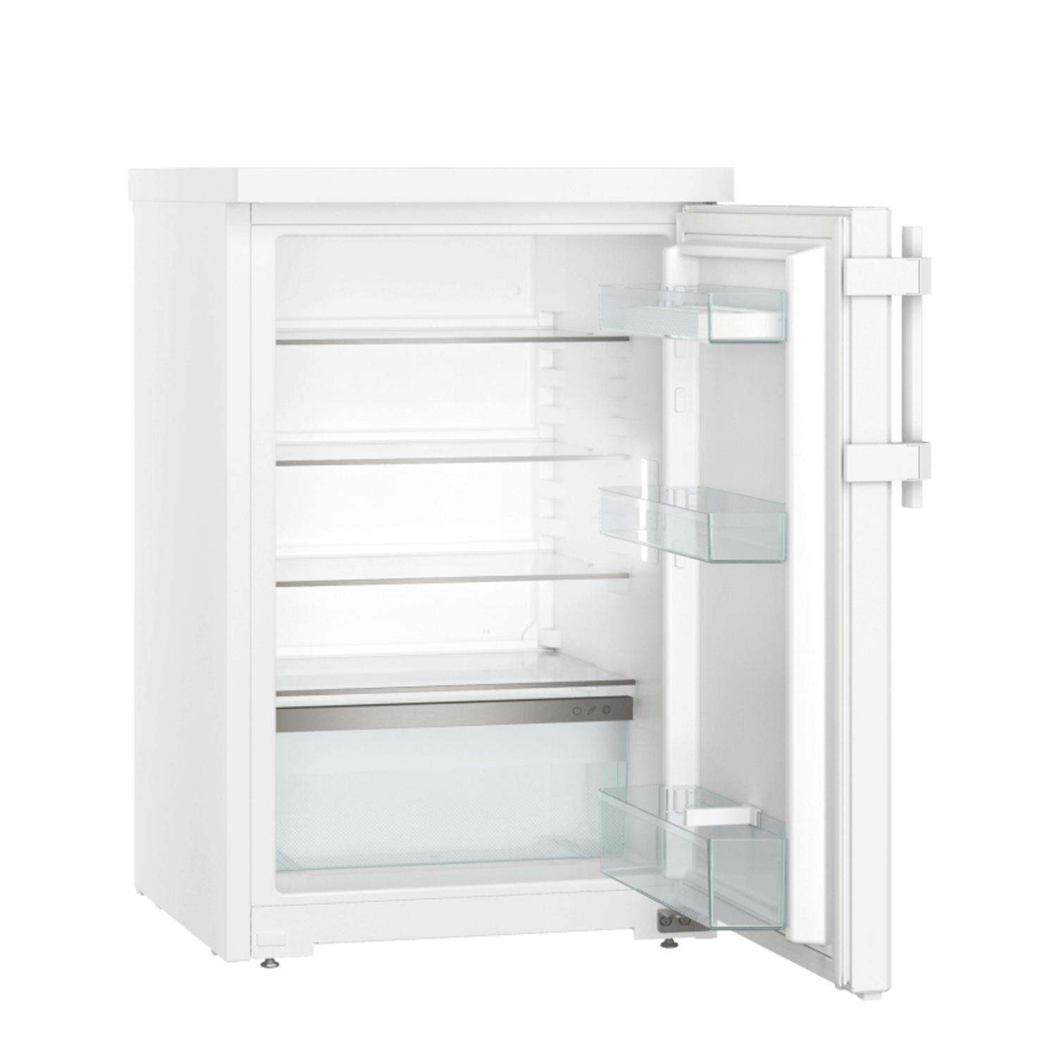 A white refrigerator, open, with shelves and drawers visible.