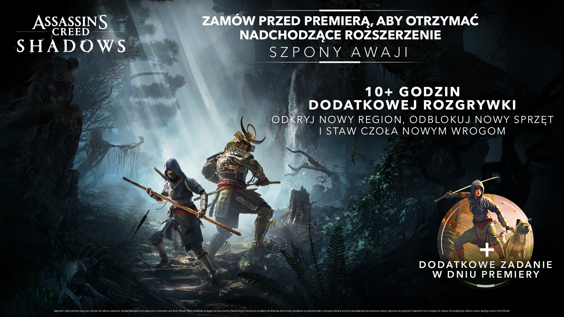 Reklama gry Assassin's Creed Shadows z postaciami. Tło lasu.