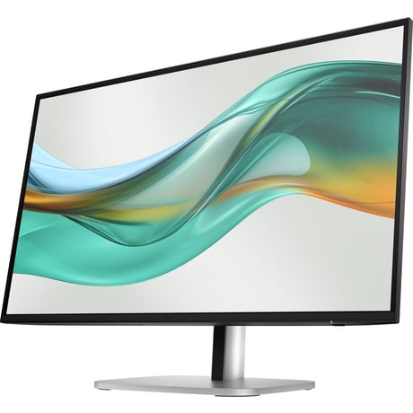 Monitor de computadora en ángulo, mostrando un diseño ondulado abstracto y colorido sobre un fondo blanco.