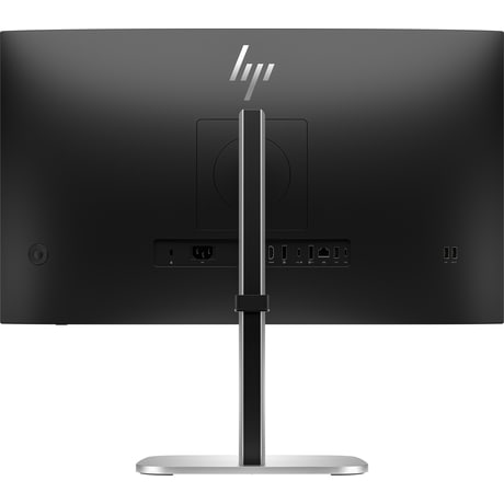 Parte trasera del monitor HP negro. Soporte plateado. Varios puertos. Logotipo de HP en la parte superior.