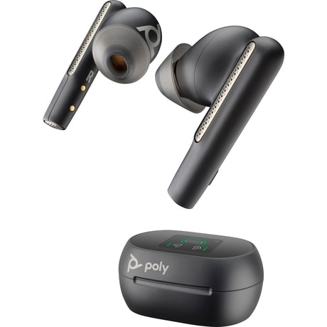 Auriculares inalámbricos negros y un estuche de carga se muestran sobre un fondo blanco.