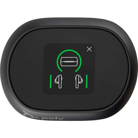 Dispositivo negro con pantalla que muestra icono de auriculares con barras. Logo Poly.