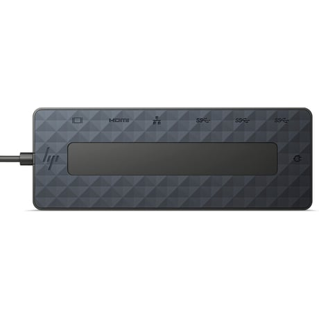 Concentrador HP USB-C, gris oscuro, múltiples puertos.