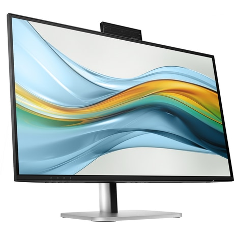 Monitor de computadora con bisel delgado, soporte plateado y cámara web en la parte superior, mostrando un gráfico colorido.