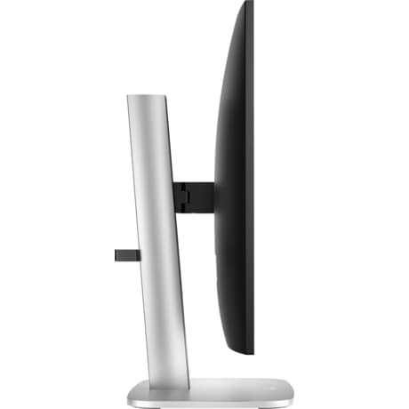 Vista lateral de un monitor con pantalla negra y soporte plateado sobre fondo blanco.