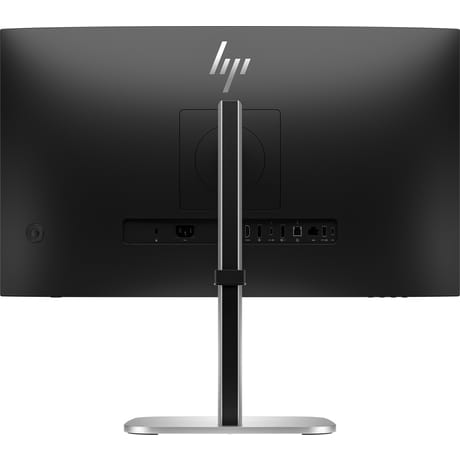 Vista trasera de un monitor HP negro con soporte plateado y negro, puertos de conexión y logotipo.