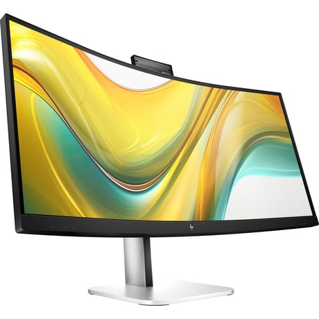 Monitor HP curvo, marco negro, soporte plateado. Imagen de fondo amarilla y blanca.