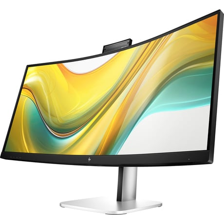 Monitor curvo con marco negro, soporte plateado y fondo abstracto amarillo/turquesa.