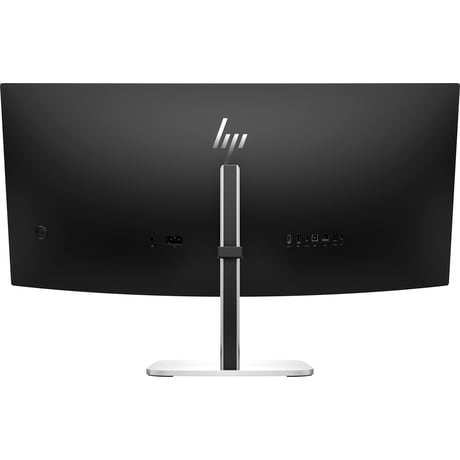 Parte trasera de un monitor curvo con el logotipo de HP y puertos visibles.