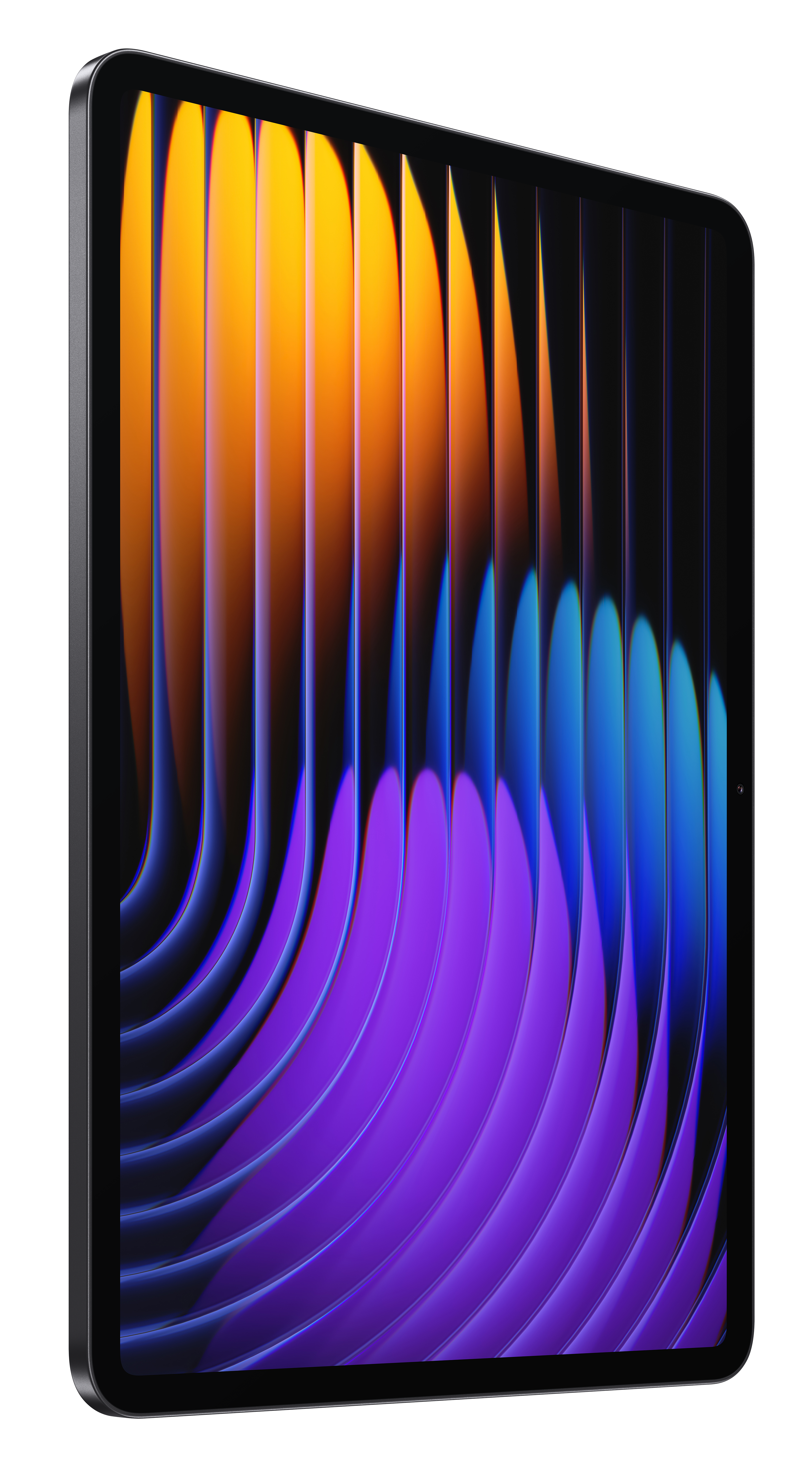 Tablet z ekranem wyświetlającym kolorowy abstrakcyjny wzór pionowych linii w kolorze pomarańczowym, niebieskim i fioletowym.
