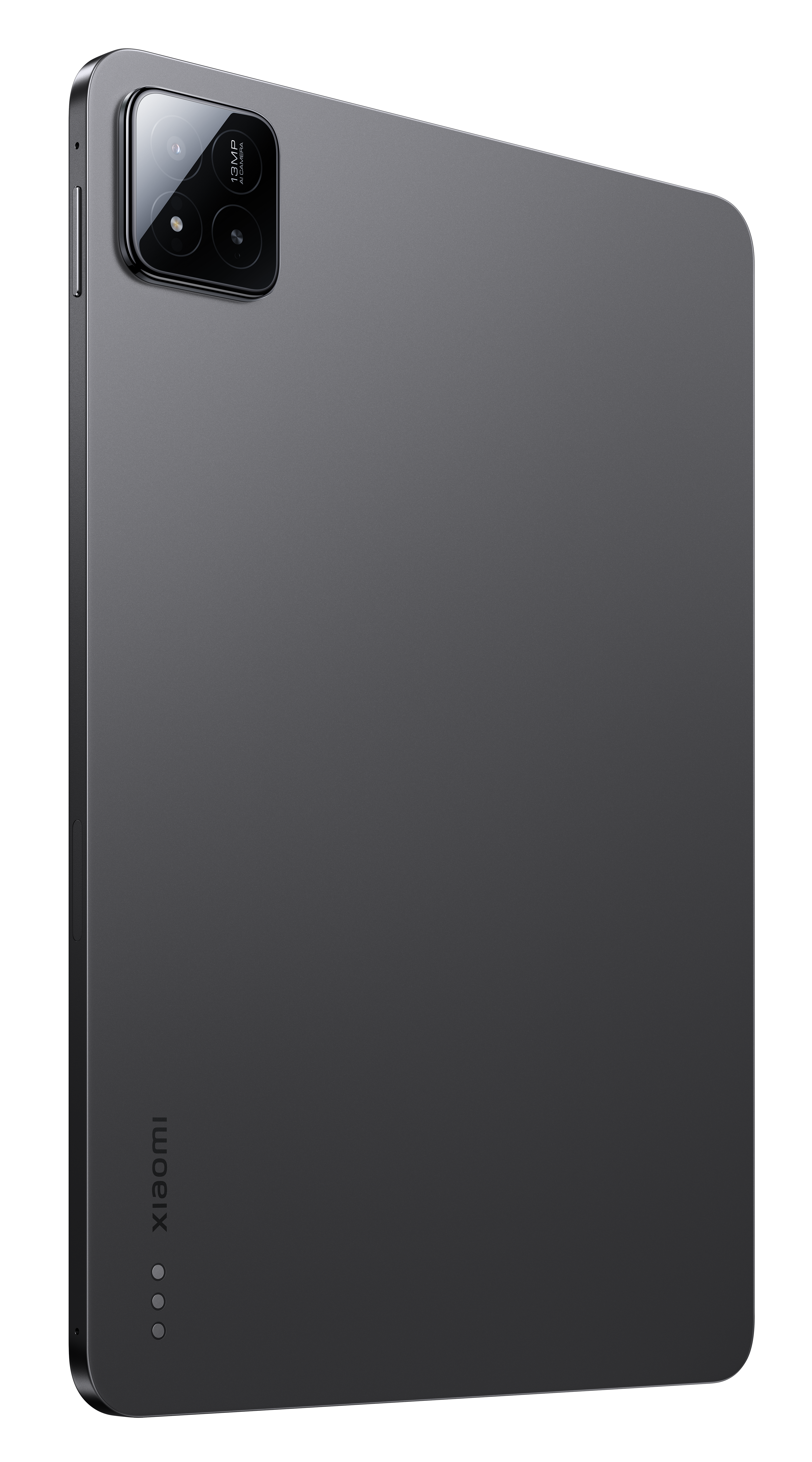 Ciemnoszary tablet z wypukłością aparatu z tyłu. Logo Xiaomi.
