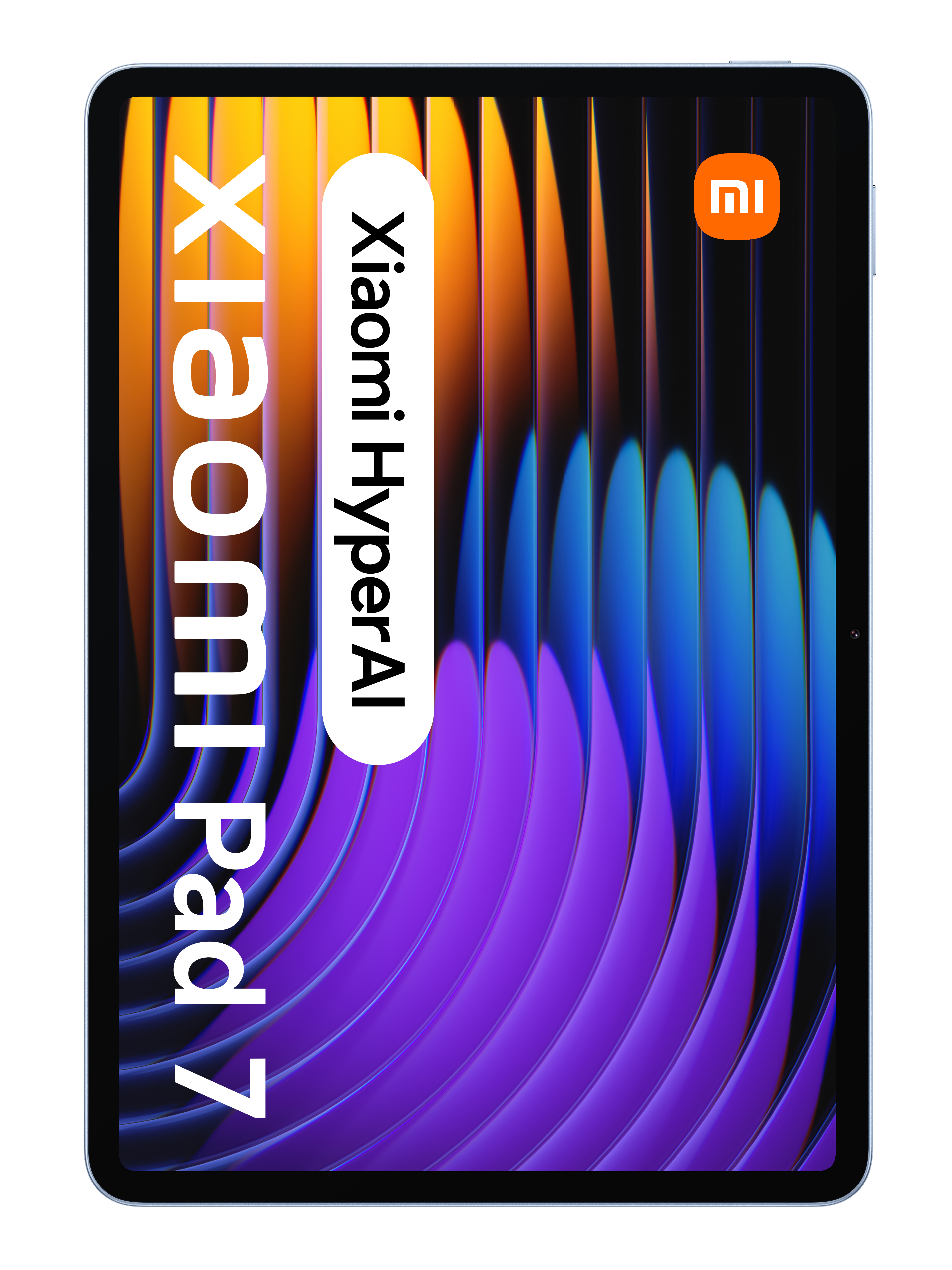 Biały tablet z tekstem Xiaomi Pad 7 i kolorowym tłem, izolowany na białym tle.