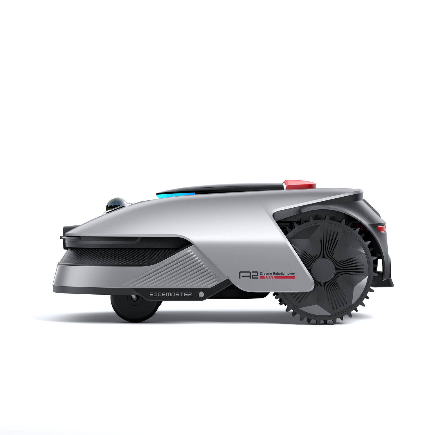 Een zilveren en zwarte robotmaaier op een witte achtergrond, zijaanzicht.