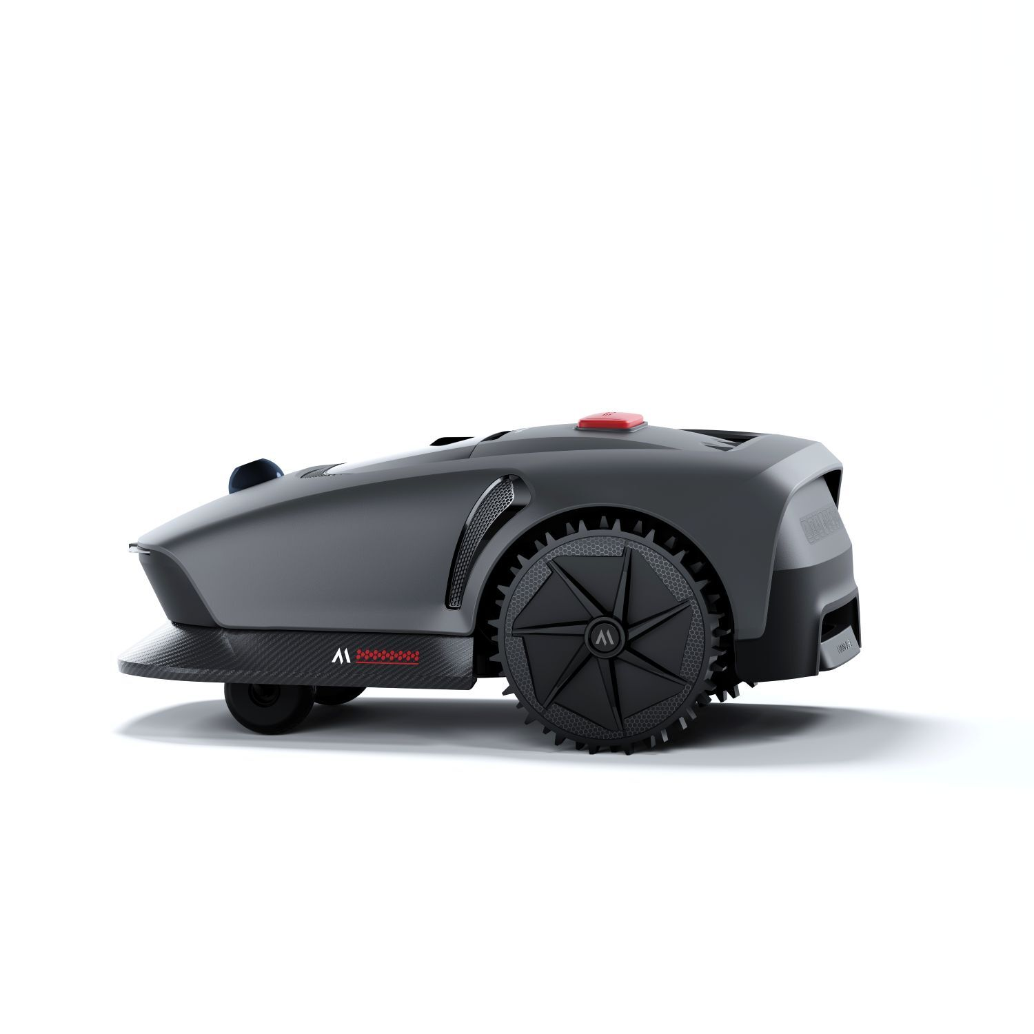 Grijze robotmaaier op witte achtergrond, met rode knop en zwarte wielen.