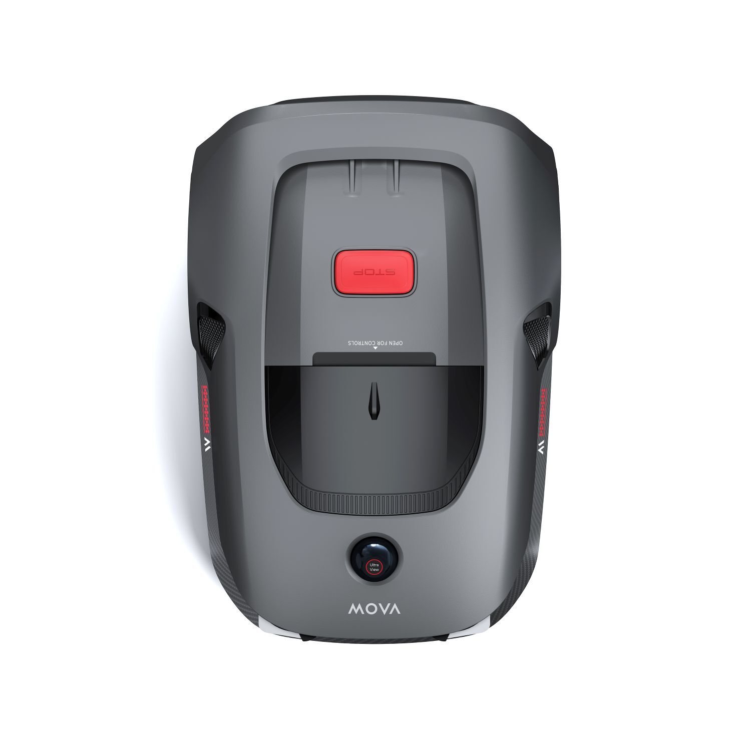Een grijze MOVA robot grasmaaier, bovenaanzicht, met een rode stopknop zichtbaar.