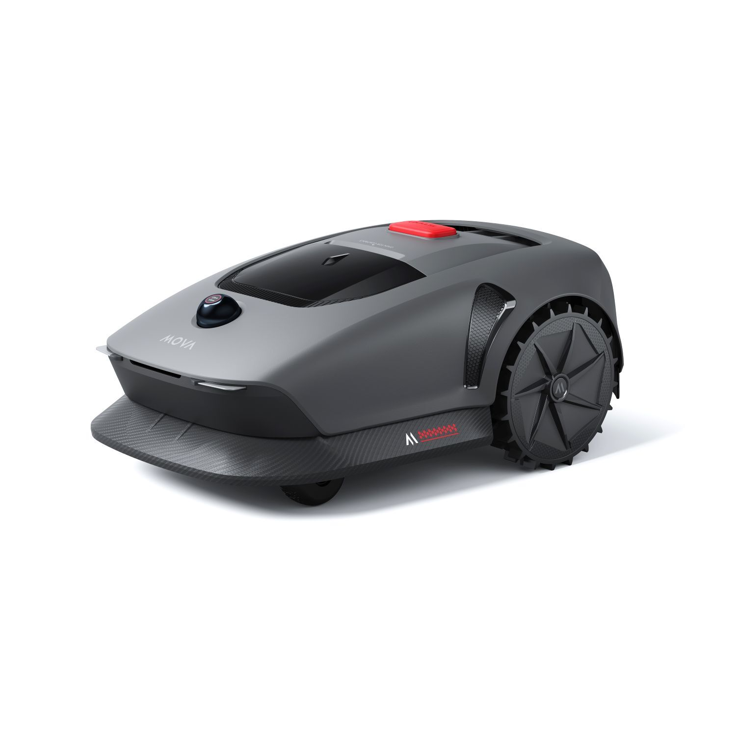 Robot grasmaaier, grijze behuizing, rode knop. MOYA tekst. Zwarte wielen. Witte achtergrond.