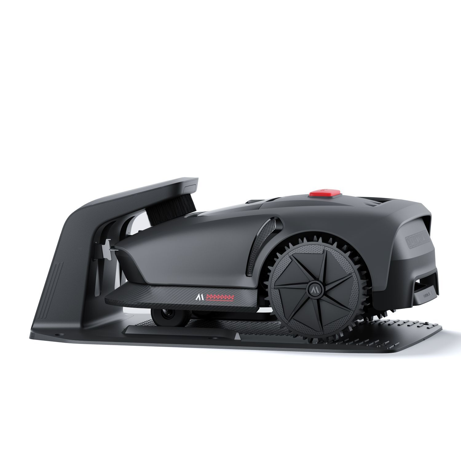 Zwarte robotgrasmaaier op een wit oppervlak. Hij heeft een rode knop en een zwart wiel.