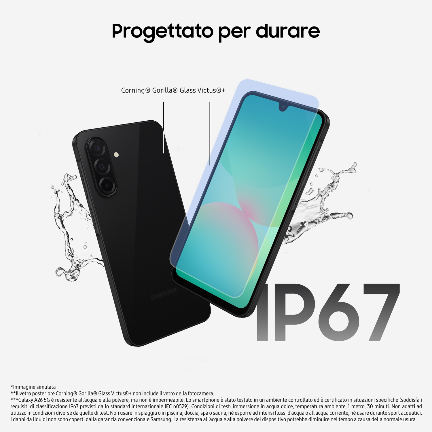 Un telefono nero e una protezione per lo schermo. Un'acqua schizza intorno al telefono. Il testo 'IP67' è visibile.