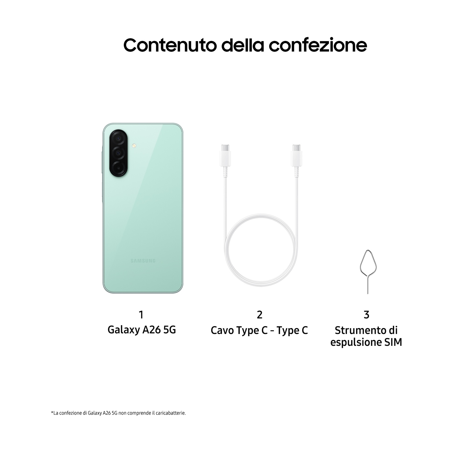 Telefono verde menta, cavo bianco e espulsore SIM, su sfondo bianco. Testo in italiano.