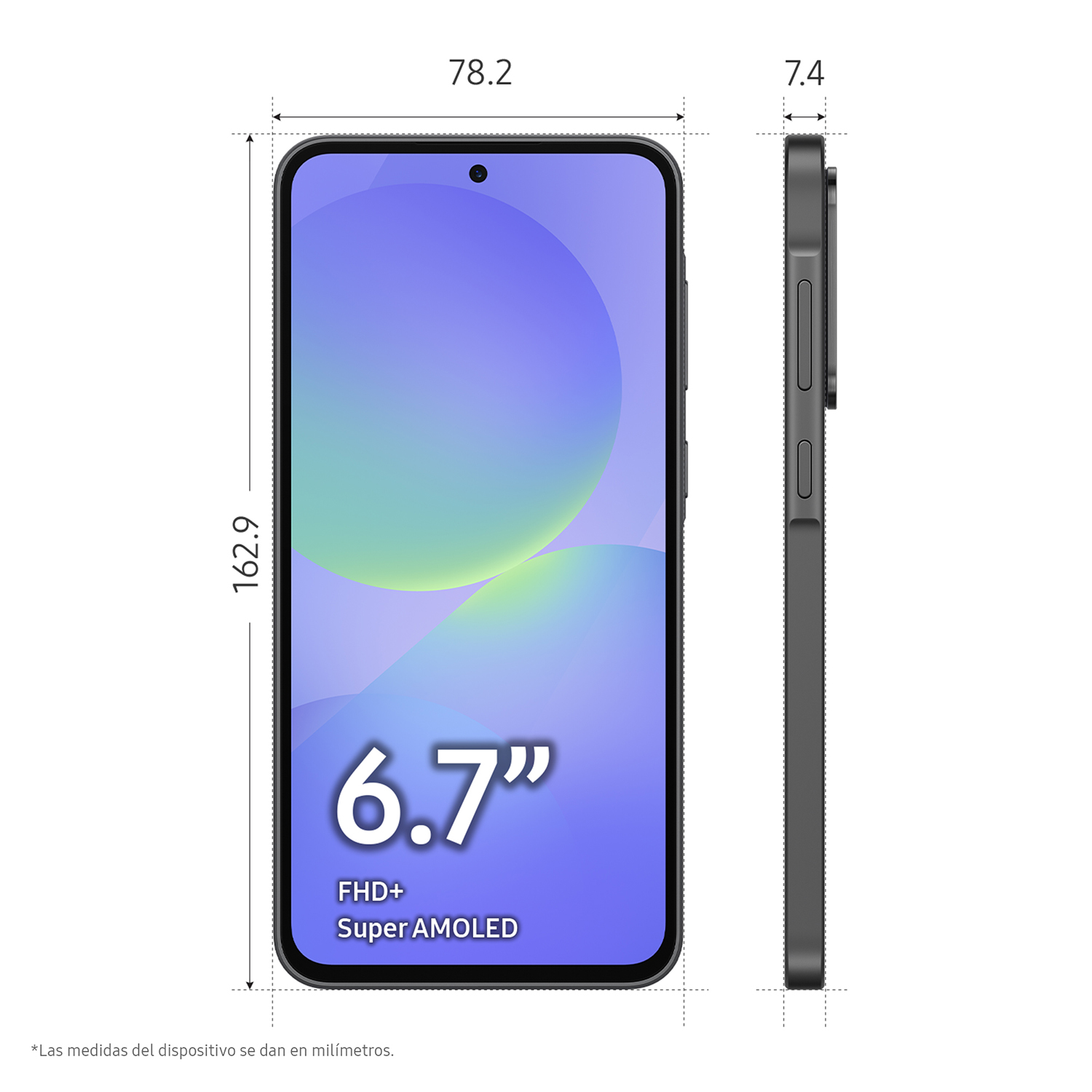 Dimensiones del teléfono en mm: 78,2 mm de ancho, 162,9 mm de alto y 7,4 mm de grosor, tamaño de pantalla 6,7".