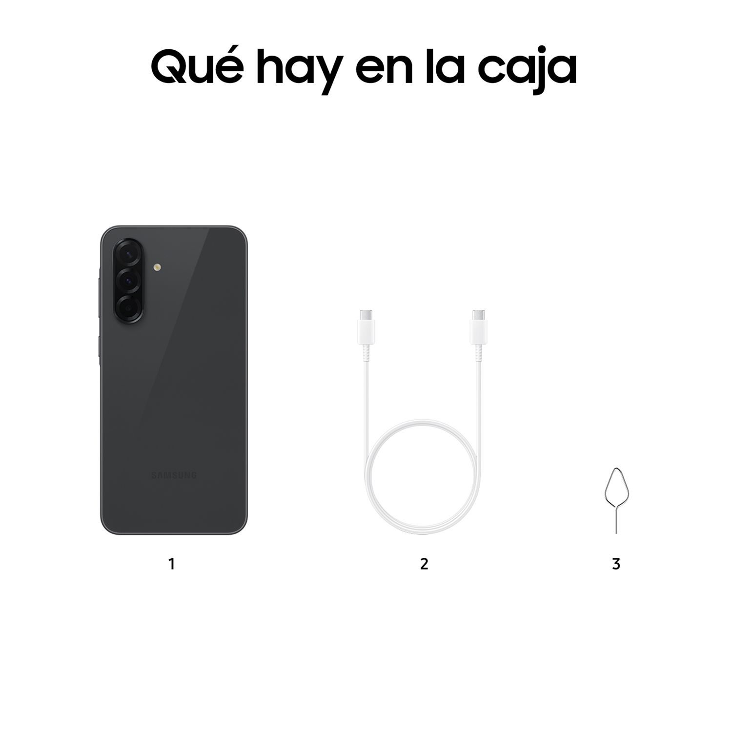 Contenido de la caja: teléfono, cable y una aguja para la tarjeta SIM.