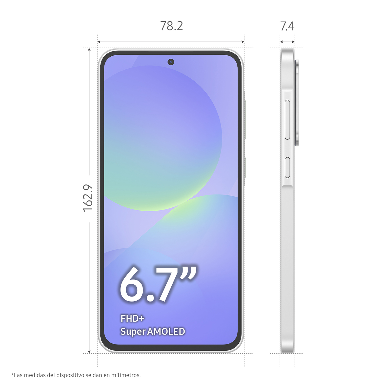 Un teléfono blanco con una pantalla grande, medidas y las palabras "6.7" y "FHD+ Super AMOLED".