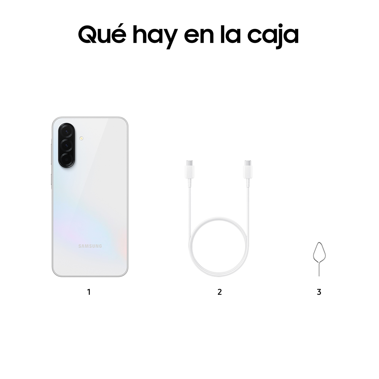 Teléfono blanco, cable blanco y herramienta de expulsión SIM.