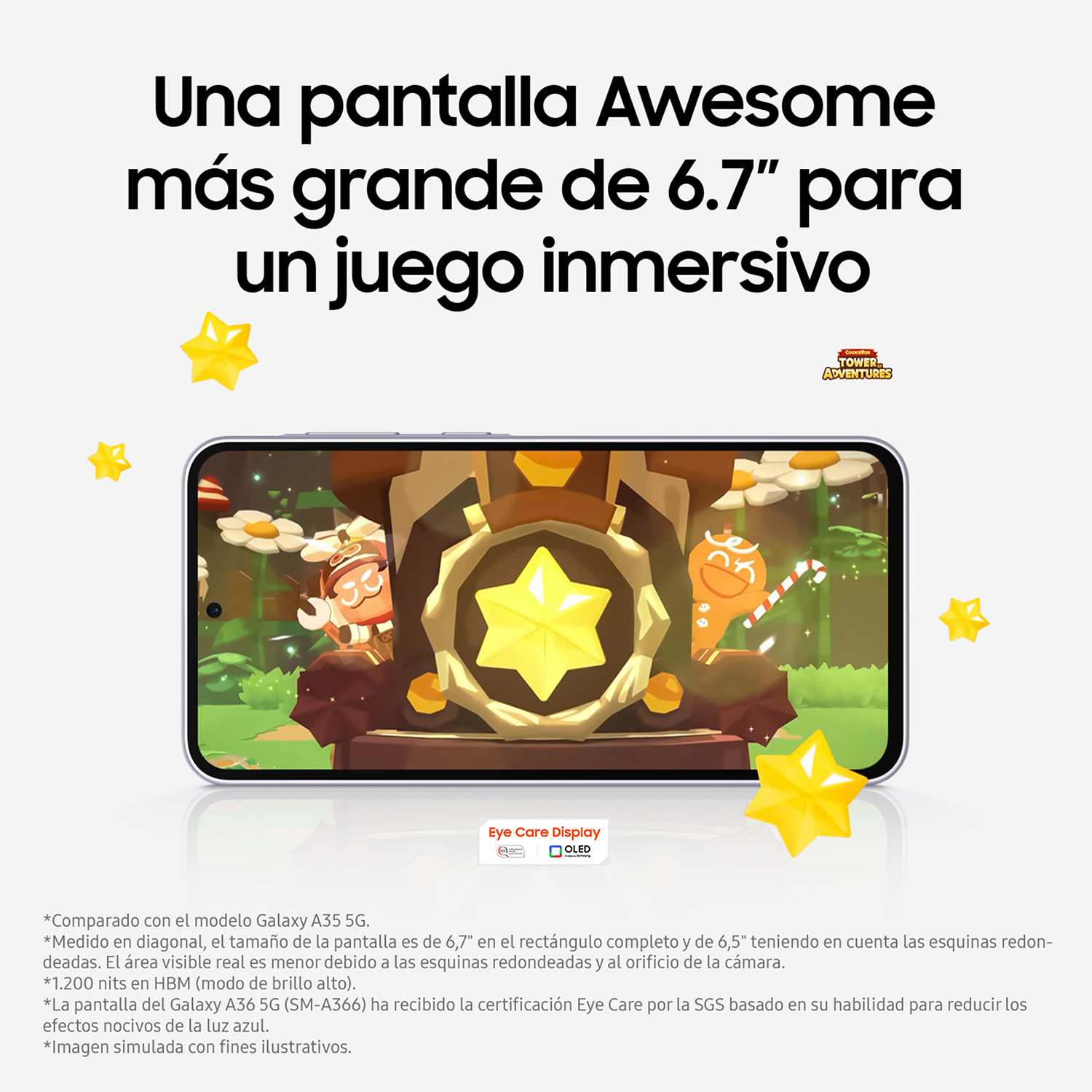 Pantalla del teléfono mostrando un juego, rodeada de estrellas, con texto en español.