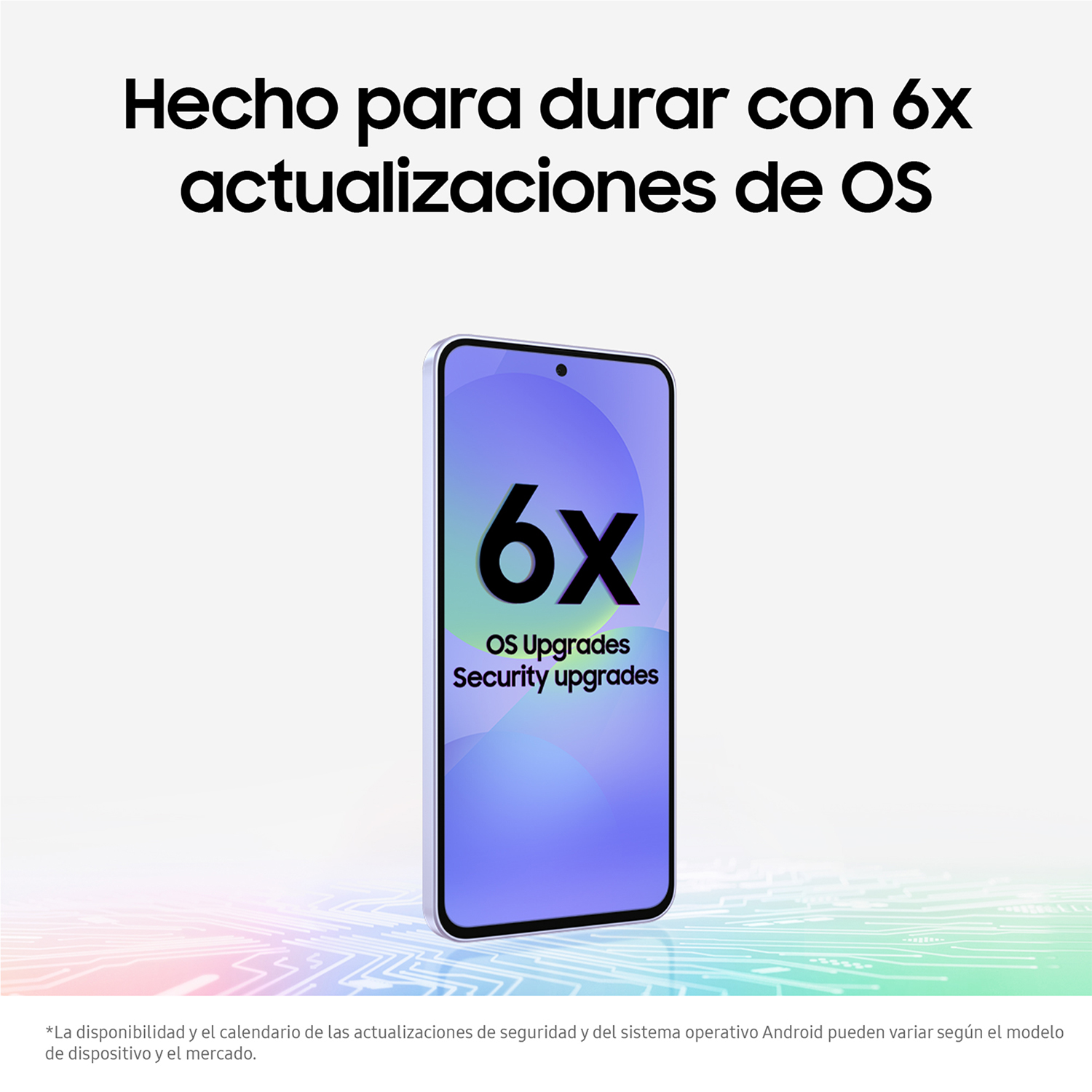 Un teléfono inteligente muestra el número '6x' con el texto: Actualizaciones de SO y actualizaciones de seguridad.