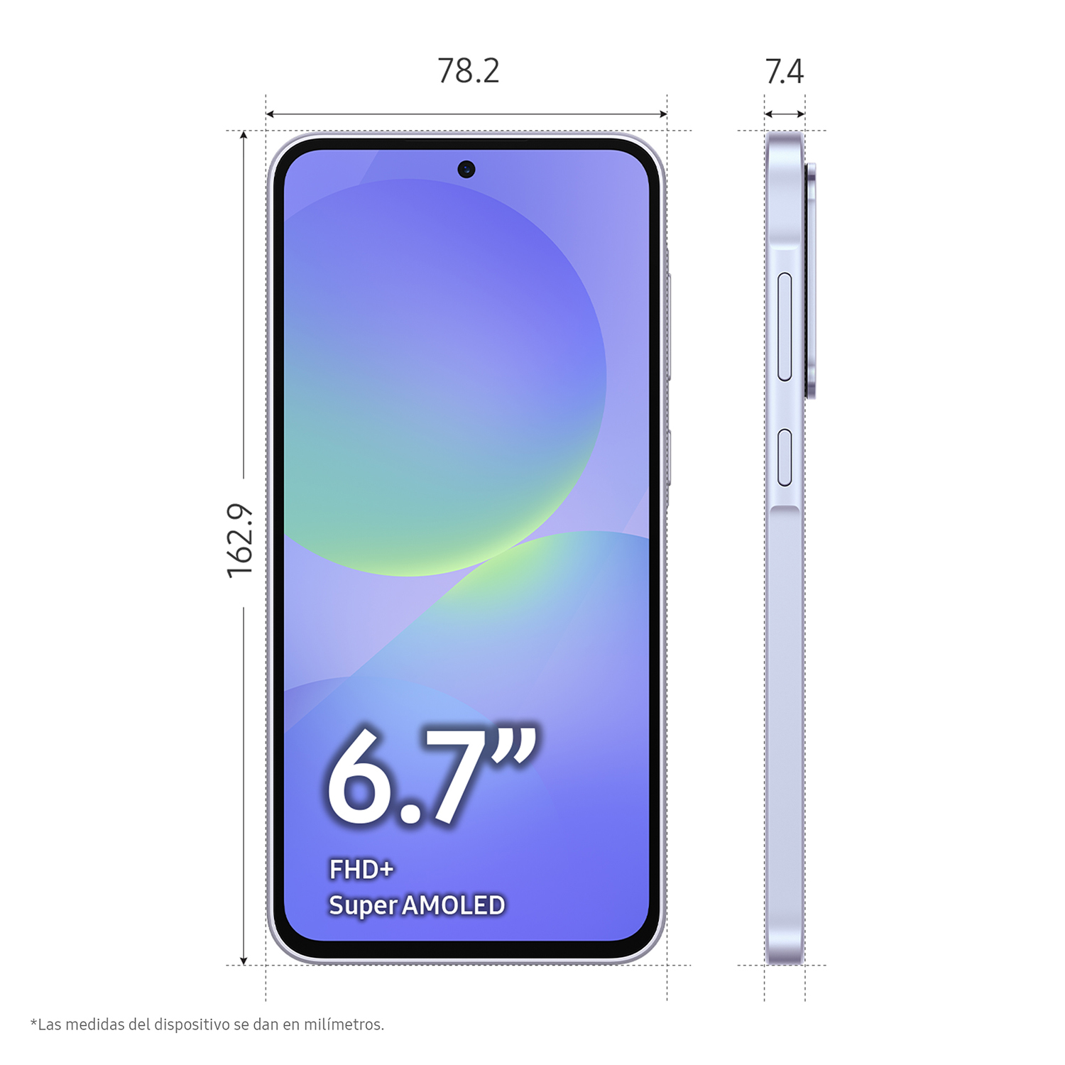 Smartphone con pantalla azul y dimensiones marcadas. Vista lateral incluida.