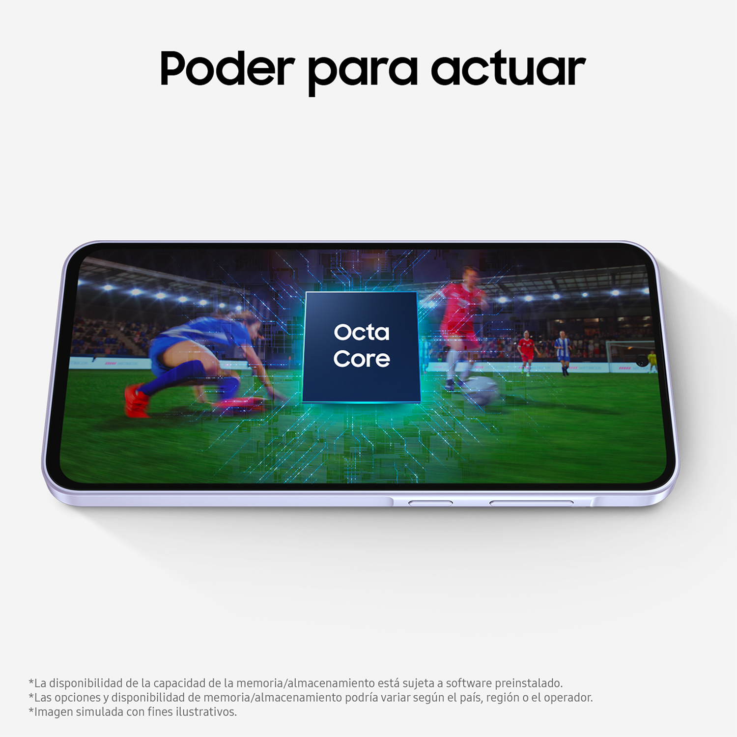 Una pantalla de teléfono mostrando un partido de fútbol y el texto 'Octa Core'.